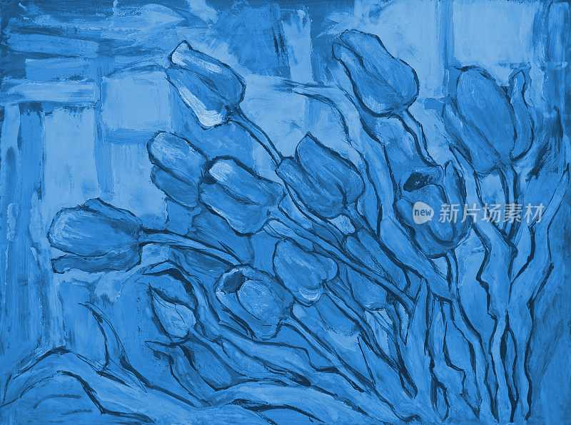 插画油画静物，蓝色色调盛开的郁金香