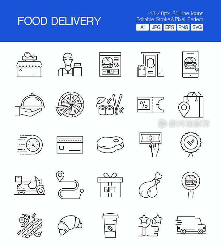 食品交付细线矢量图标集。设计是可编辑的,颜色可以改变。矢量创意图标集:快递员,杂货送货,订单线,在线食品订单,送货现金