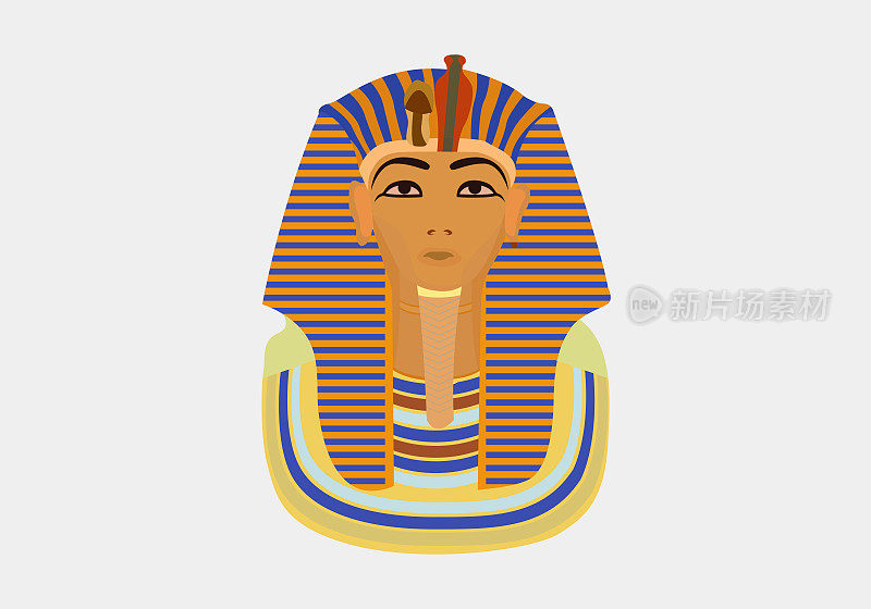 彩色矢量埋葬面具插图埃及金色法老面具图标平面孤立的背景。埃及法老面具上的图坦卡蒙线条图标。图坦卡蒙国王。