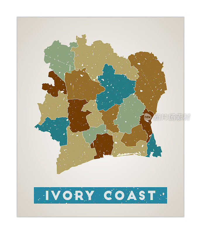 象牙海岸地图。印有地区的国家海报。老垃圾风格的纹理。象牙海岸的形状与国家名称。简洁的矢量图。