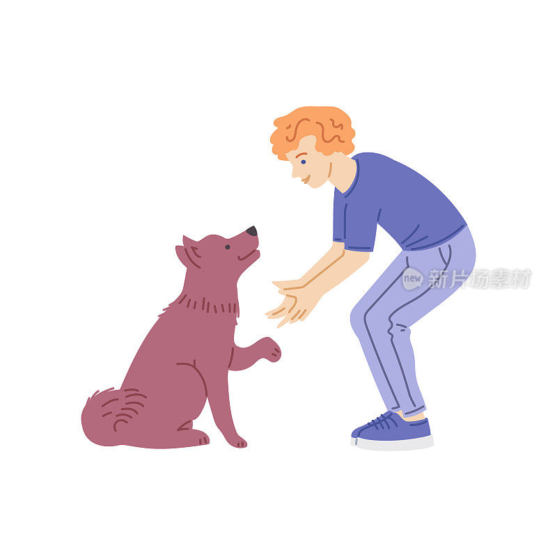 人训练他的狗，教他给一个爪子，平面卡通矢量插图。