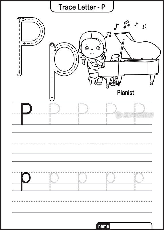 字母痕迹字母A到Z学龄前工作表与字母P钢琴师亲矢量