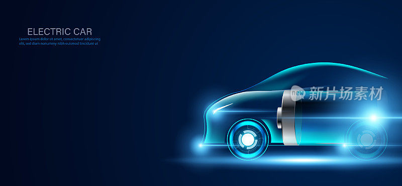 摘要电动能源汽车清洁能源现代技术概念车和电池在一个现代的蓝色背景