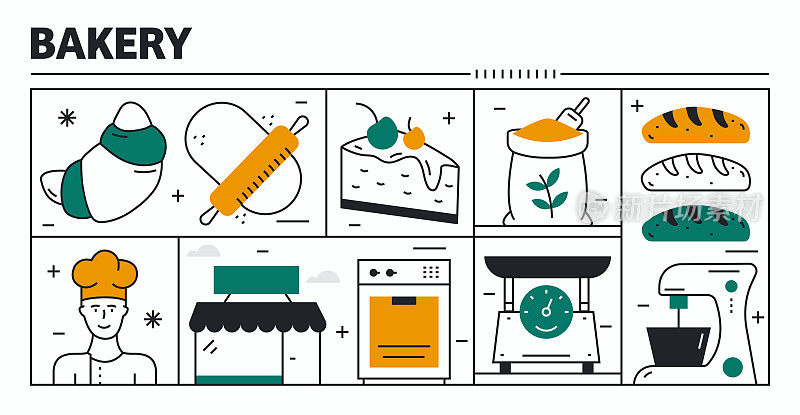 烘焙矢量设计。设计是可编辑的，颜色可以改变。矢量集的创意图标:烤箱，面粉，珠，厨师，搅拌机，蛋糕