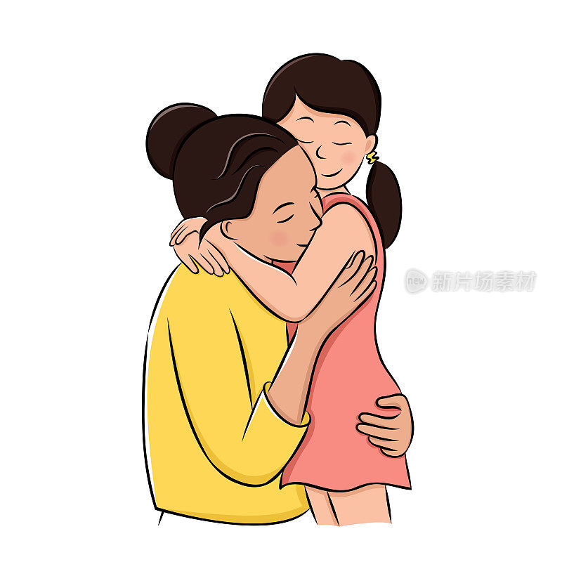 可爱的妈妈抱着她的小女儿。亚洲妈妈拥抱她的孩子。母亲的概念。国际母亲节。