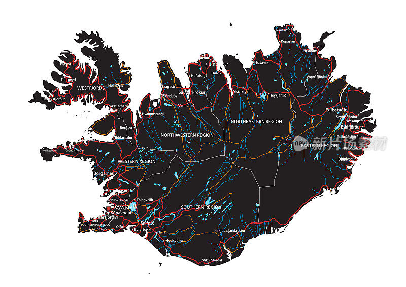 高度详细的冰岛路线图与标签。