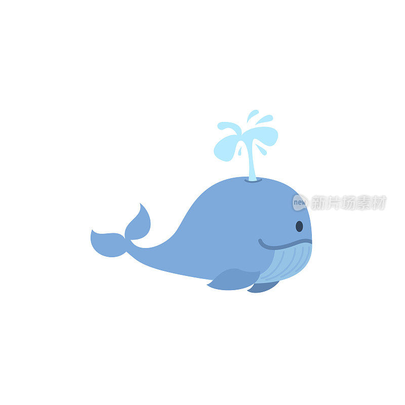 可爱的鲸鱼溅水，卡通平面矢量插图孤立的白色背景。