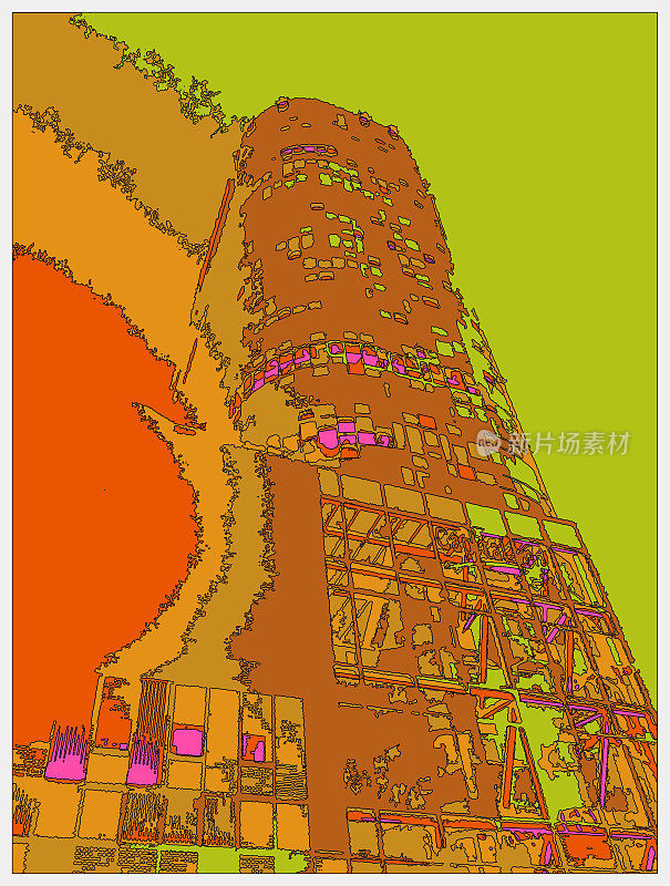 轮廓风格霓虹色彩超宇宙卡通户外场景，城市大型商场