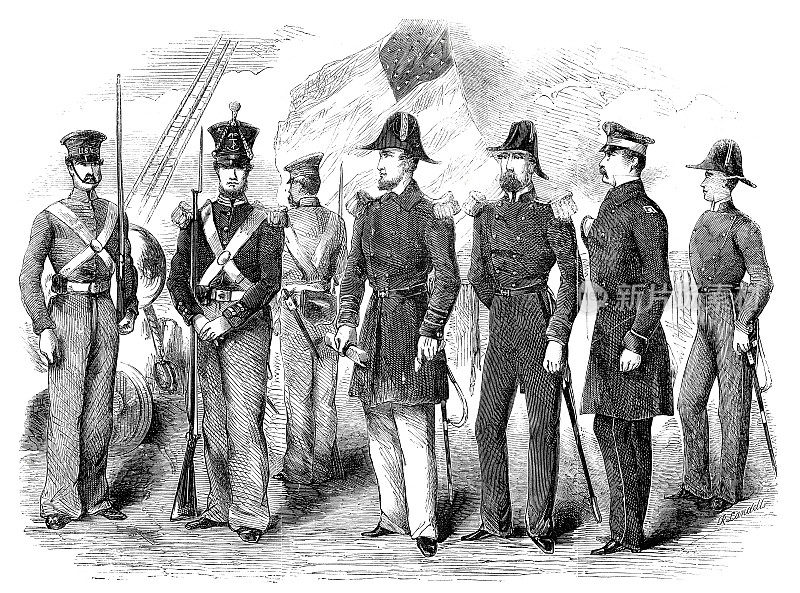 美国蒸汽护卫舰萨斯奎哈纳号的军官和海军陆战队员