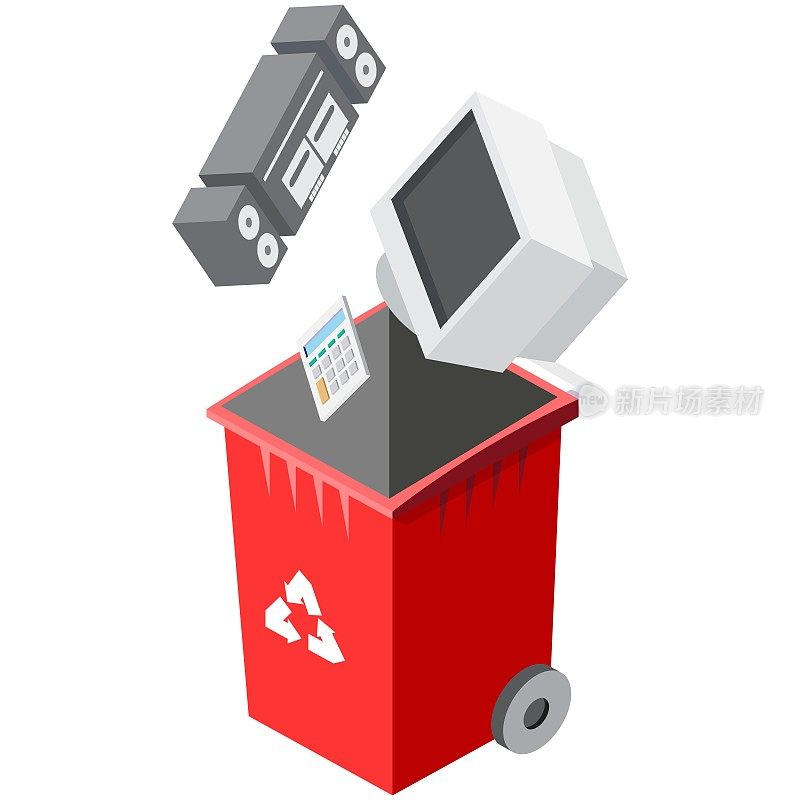 电子垃圾回收垃圾箱等距矢量