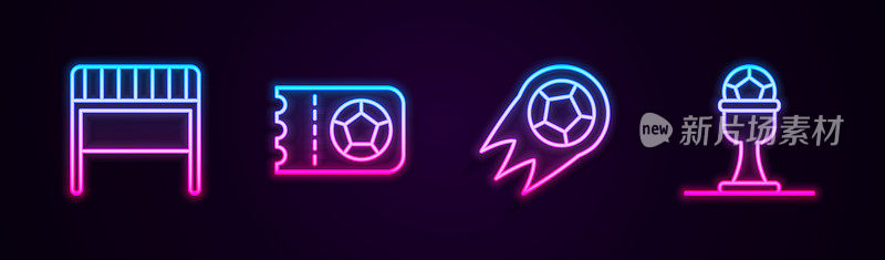 设线足球球门，或球票，足球和奖杯。发光的霓虹灯图标。向量
