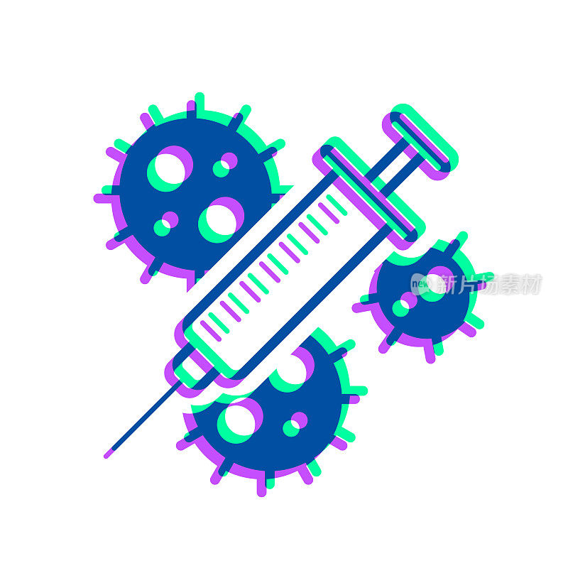 冠状病毒Covid-19疫苗图标与两种颜色叠加在白色背景上