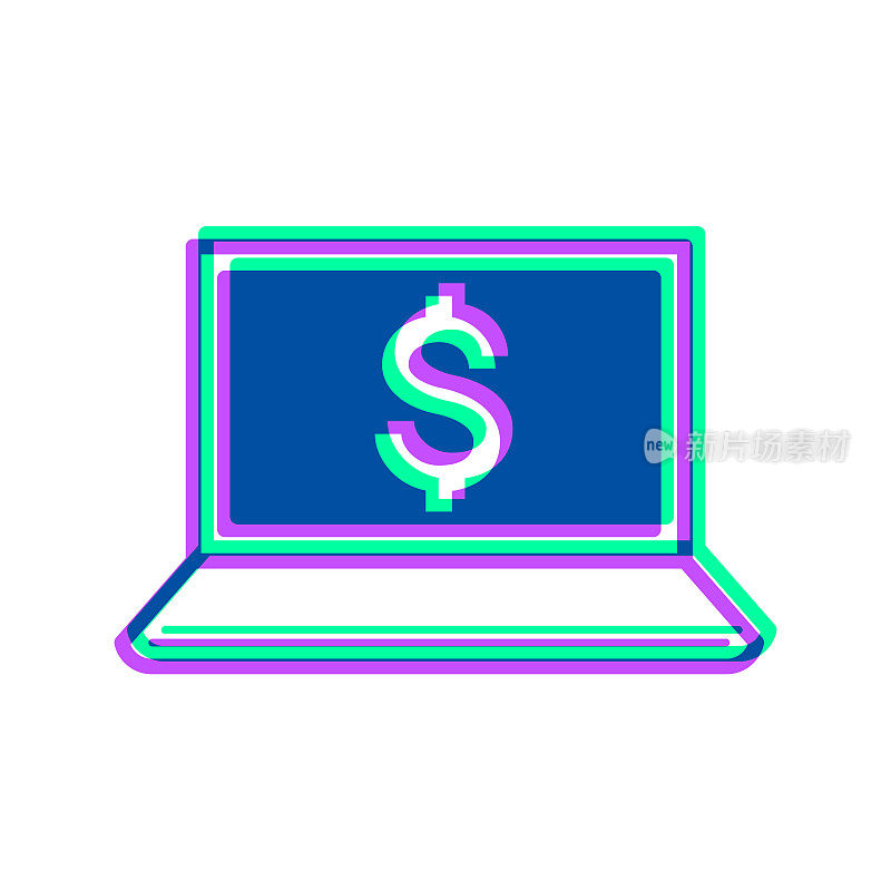 带有美元符号的笔记本电脑。图标与两种颜色叠加在白色背景上