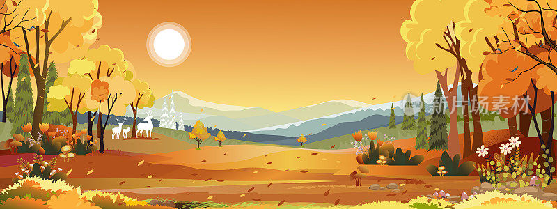 秋天的农场景观与橙色的天空，仙境的中秋在农村与云的天空和太阳，山，草地在橙色的树叶，矢量横幅为秋季或秋季的背景