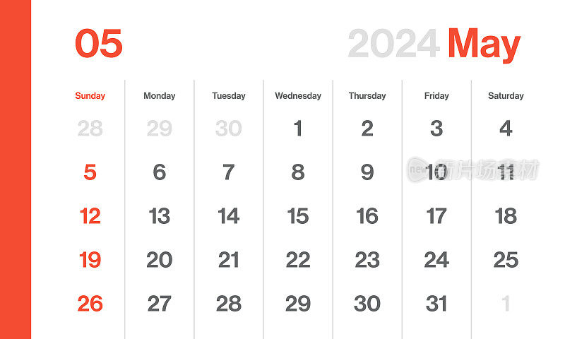 2024年5月-月历。极简风格的景观水平日历2024年。向量模板。一周从周日开始