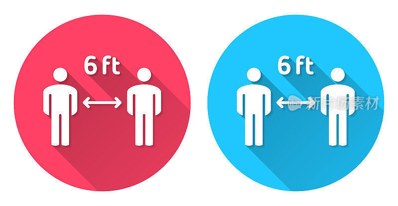 社交距离――6英尺。圆形图标与长阴影在红色或蓝色的背景