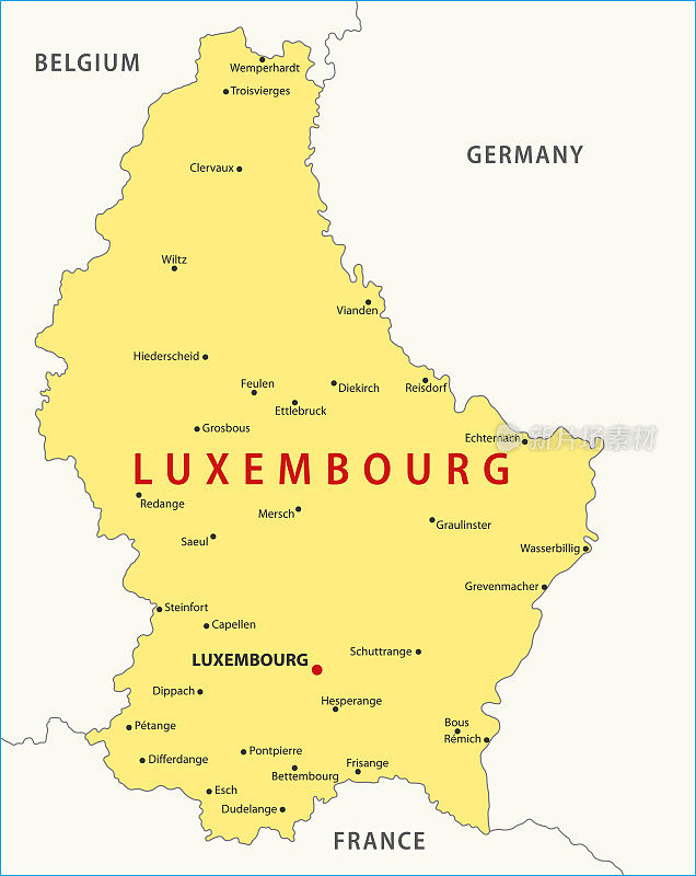 卢森堡的地图。卢森堡矢量彩色地图