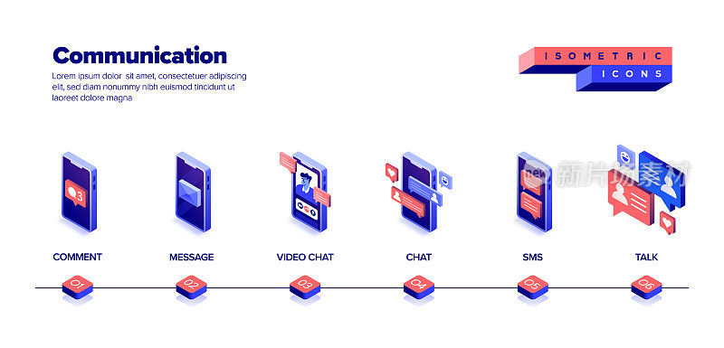 矢量插图通信等距图标集和三维横幅设计。广播，社交媒体，连接，谈话，聊天，对话，讨论，邮件，网络，消息，语音气泡，等距。