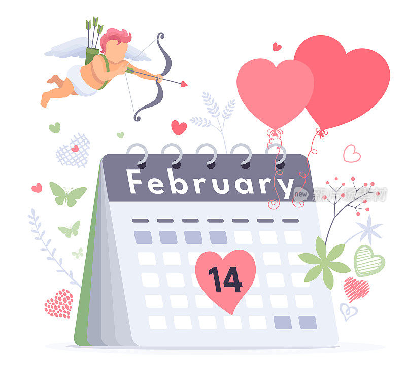 丘比特飞在日历上，显示二月十四日。庆祝情人节。