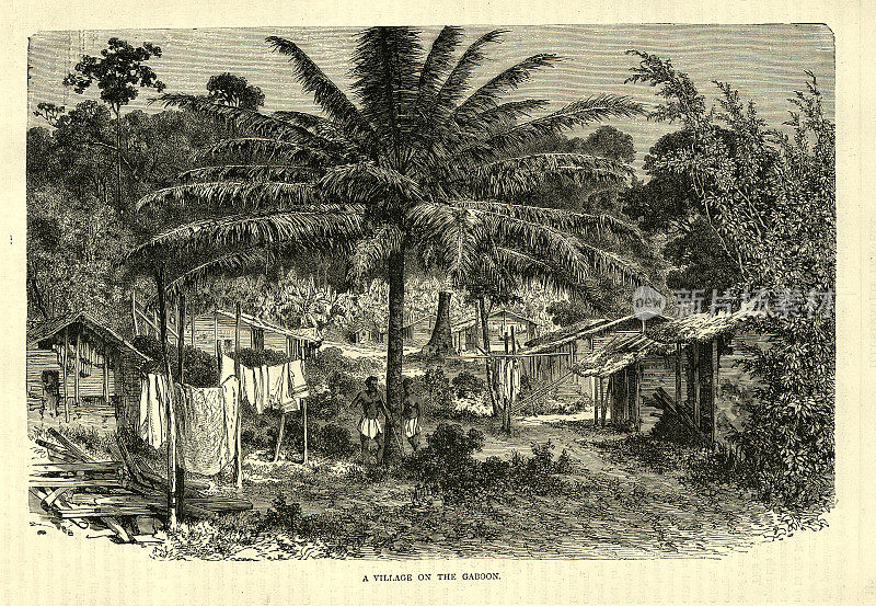 19世纪维多利亚时代，加蓬的复古插画村