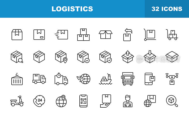 物流和交付线图标。可编辑的中风。包含这样的图标，航运，交付，盒子，保险，卡车，回收，食品交付，仓库，分配。