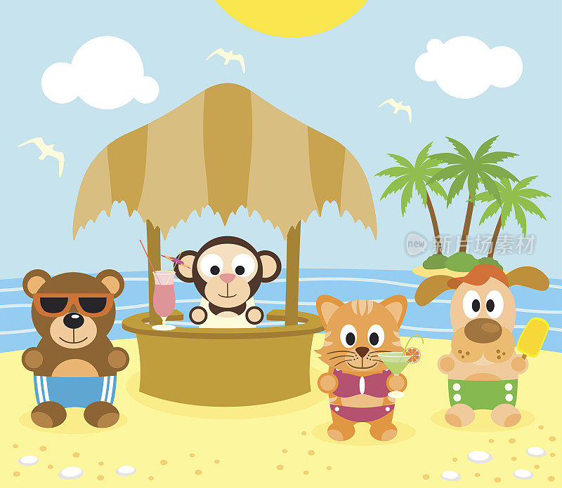 夏季背景与动物在海滩上