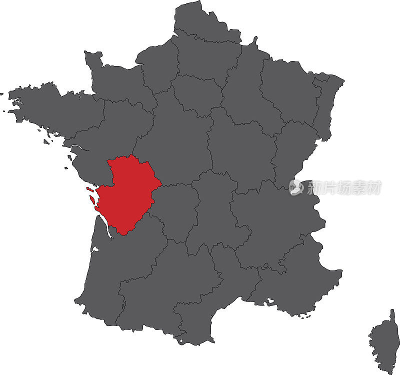 普瓦图-夏朗特斯红色地图上的灰色法国地图向量