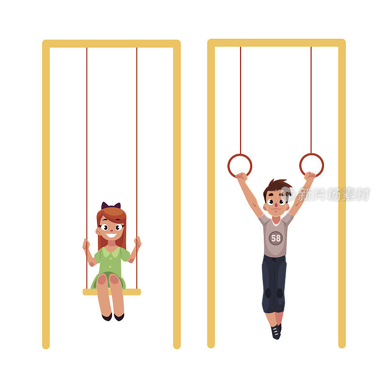 孩子们在操场上，吊在体操吊环上。摇摆在波动