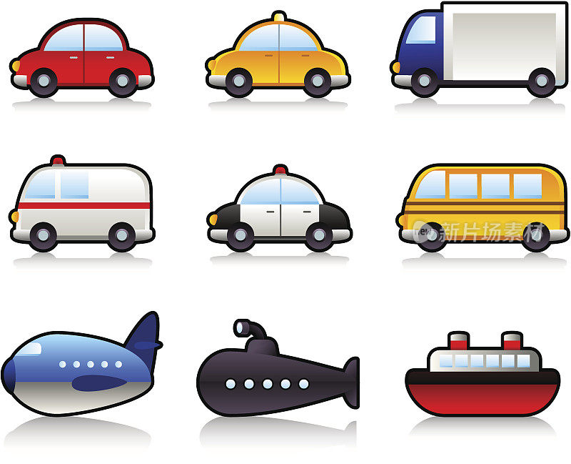 运输方式:轿车、出租车、卡车、卡车、公交车、警察、救护车、潜艇