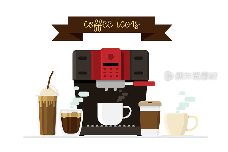 咖啡图标和咖啡机和杯饮元素的背景。矢量图