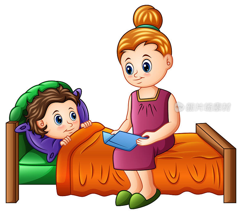卡通妈妈在儿子睡觉前给他读睡前故事