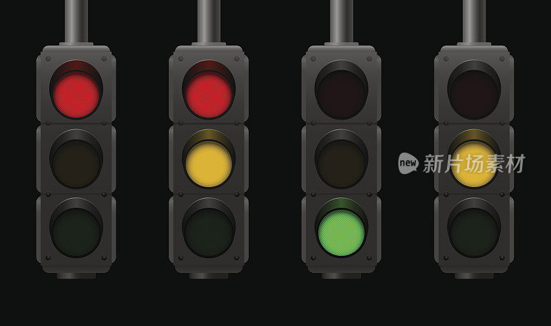 具有不同通常信号序列的交通灯-夜景-黑色背景上的孤立矢量图。