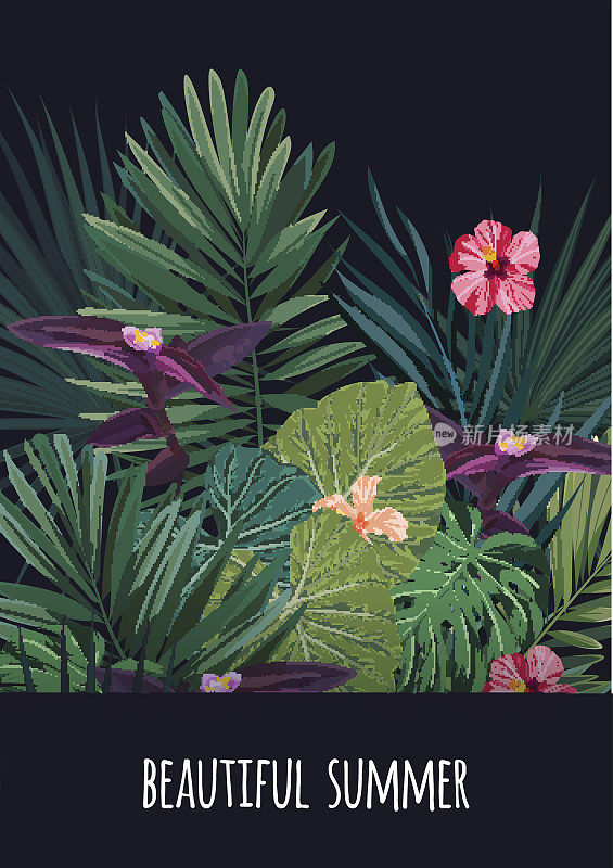 花垂直明信片设计与木槿花，怪兽和皇家棕榈叶。奇异夏威夷矢量背景