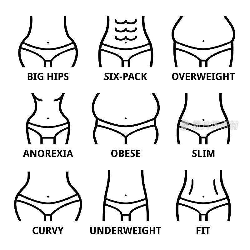 女性体型——健美、大臀、肥胖、超重、苗条、厌食症、六块腹肌、肥胖、肥胖、曲线美