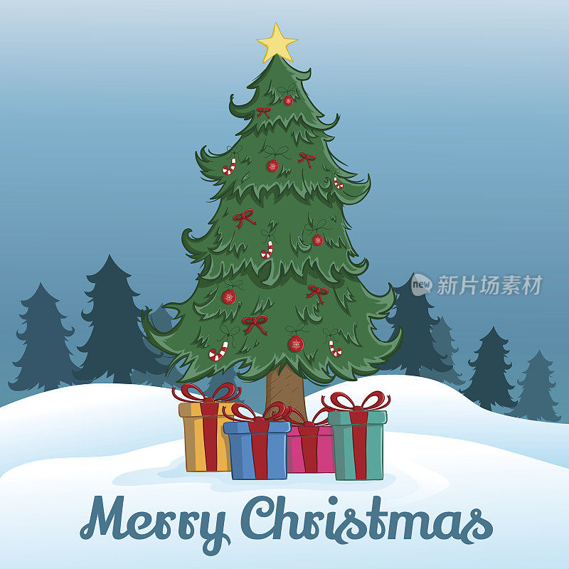 圣诞树和礼物与雪岛和松树的背景