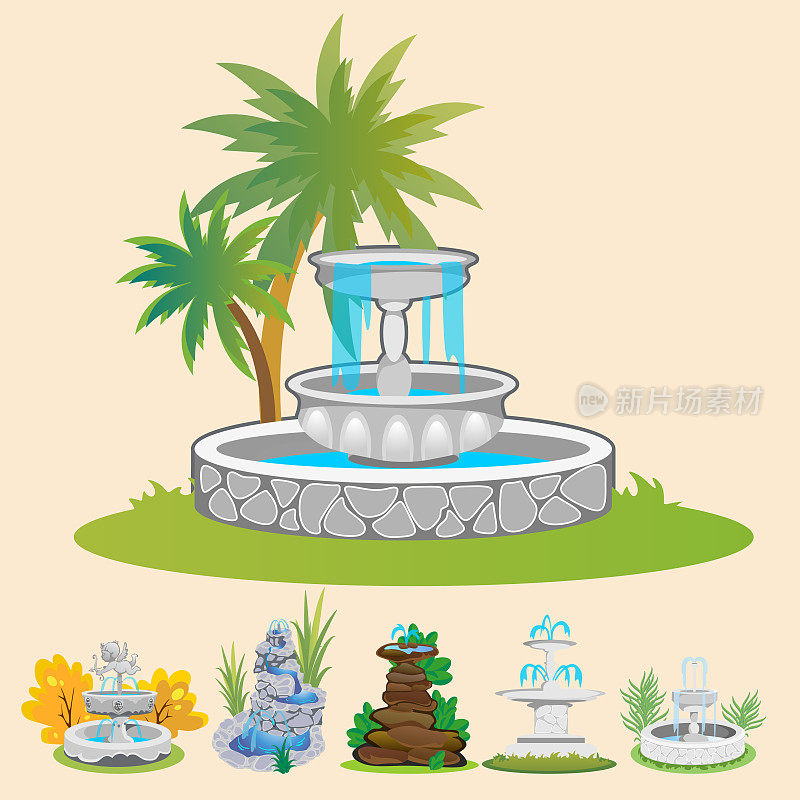 设置户外喷泉为园艺，春季和夏季植物花园瀑布，秋季后院装饰石雕雕像矢量插图