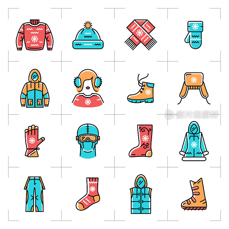 冬季运动装，运动装系列图标。冬季休闲、单板滑雪、滑雪和滑冰的服装。最小细线艺术风格，向量