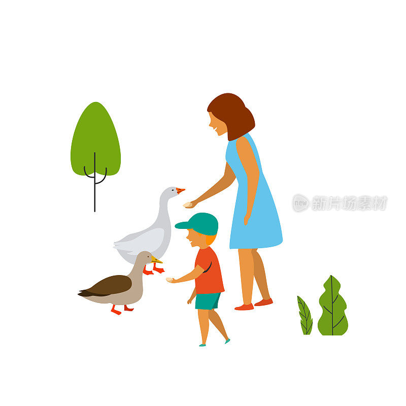 妇女和儿童喂鸟在公园矢量插图场景