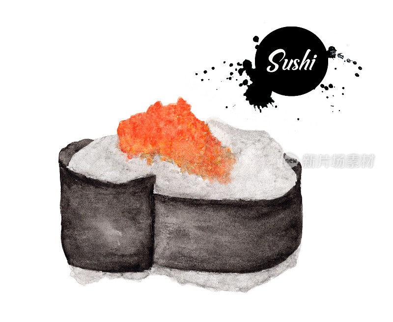 寿司孤立在白色的背景上，带有剪裁的路径，水彩日本食物