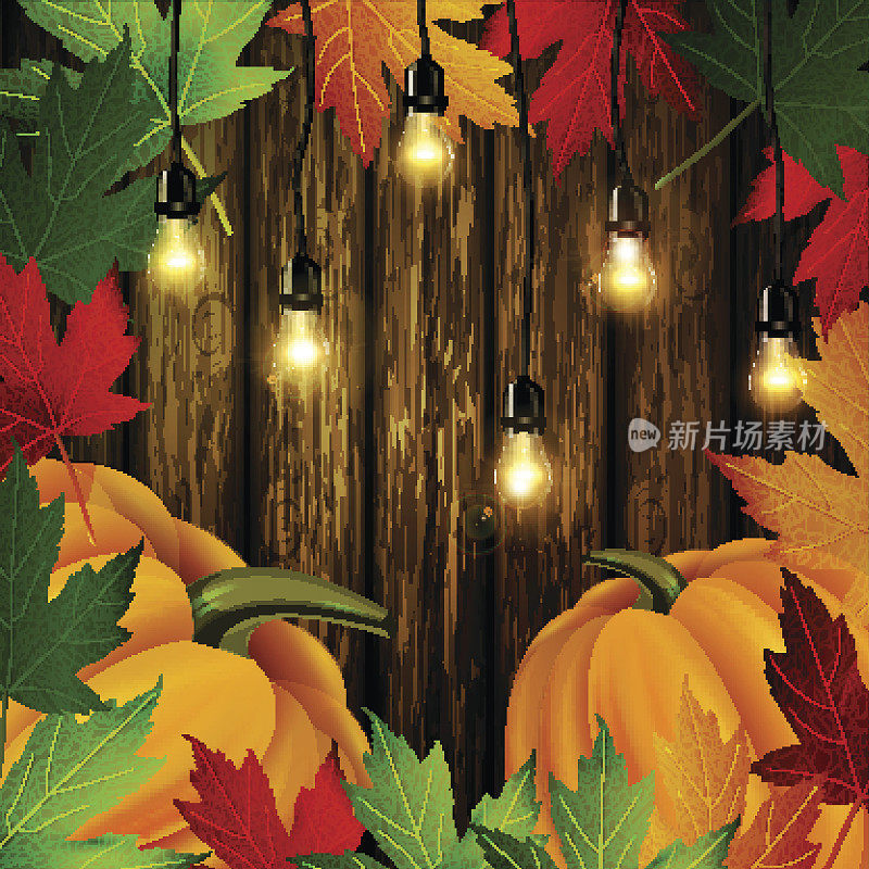 秋天的叶子框架和南瓜木制纹理