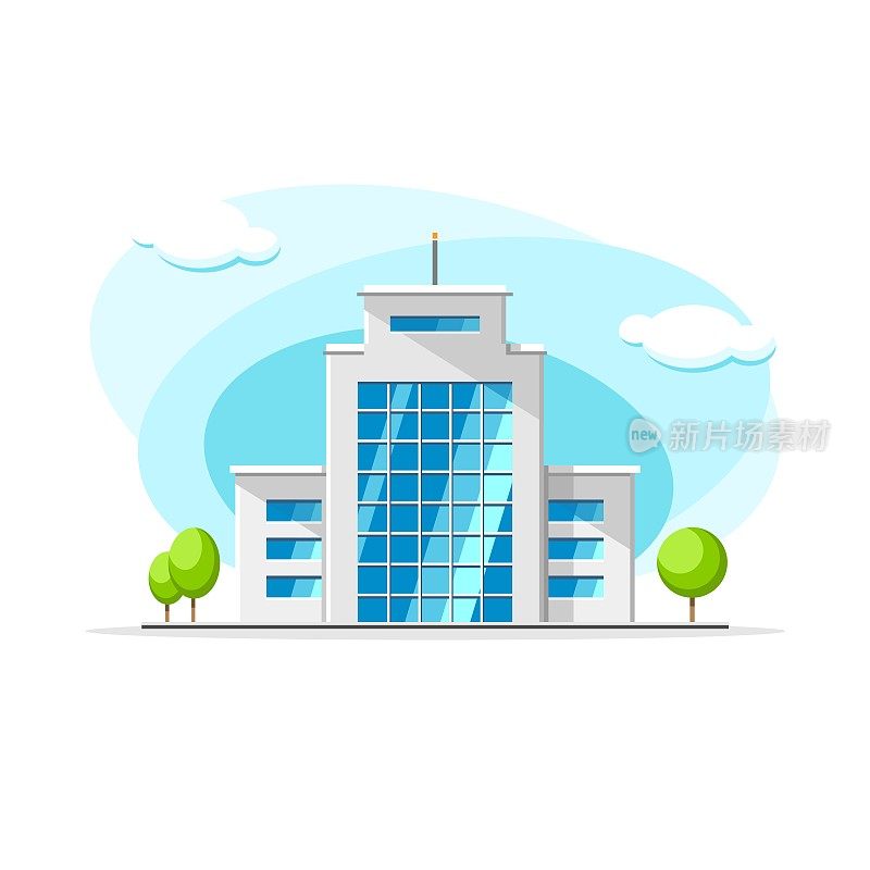 平面向量现代办公建筑由玻璃彩色插图。城市住宅，公寓，住宅物体在孤立的白色背景上