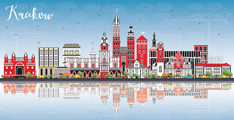 波兰克拉科夫城市天际线与彩色建筑，蓝天和反射。