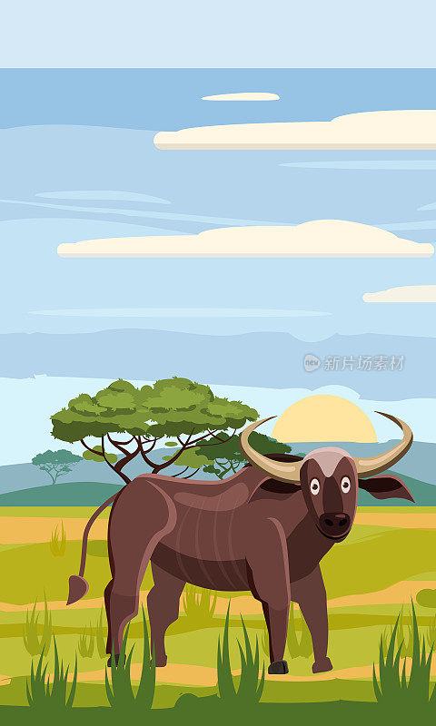 水牛背景的非洲景观，草原，卡通风格，矢量插图