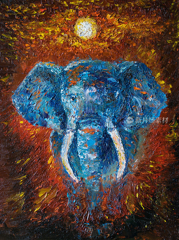 油画上的大象向前和日落。非洲大草原景观主题。壮观温暖的阳光。现代印象派艺术品。