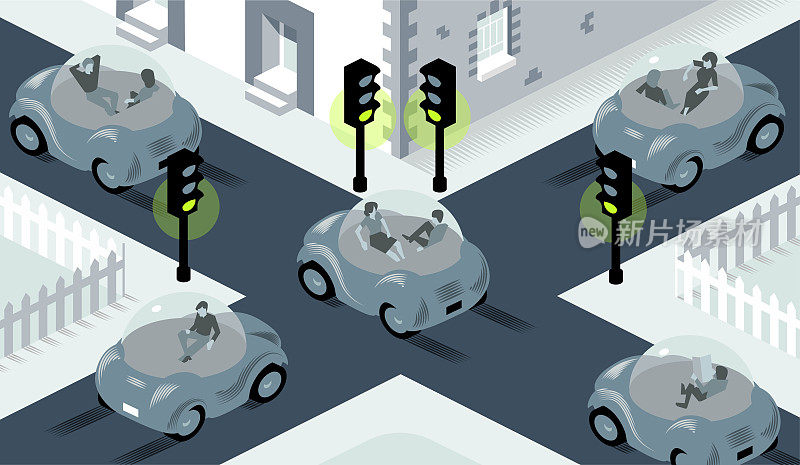 自动驾驶汽车穿过繁忙的十字路口，那里的灯都设置为绿色
