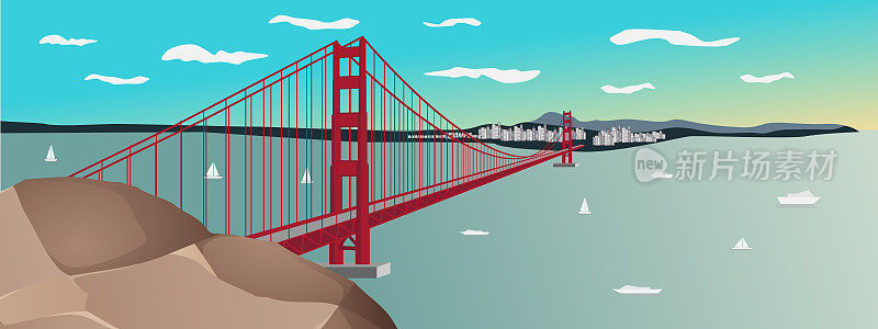 旧金山金门大桥日落的矢量图