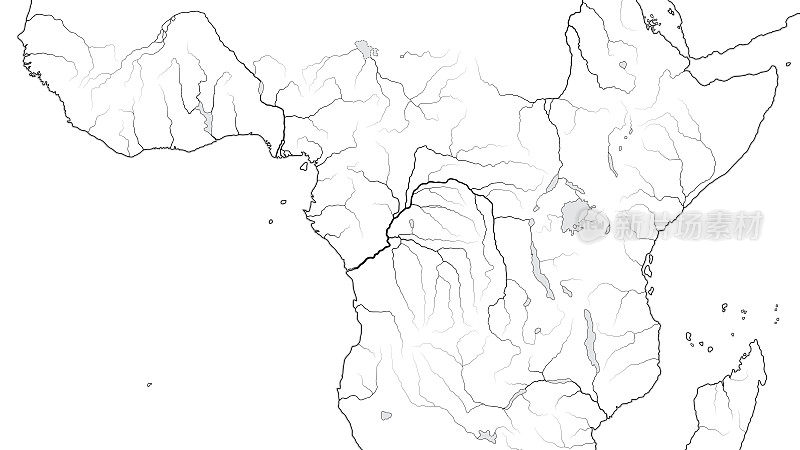 赤道非洲地区世界地图:中非，刚果，Zaïre，尼日利亚，肯尼亚，坦桑尼亚，乞力马扎罗山，坦噶尼喀湖，马拉维湖，苏丹，索马里。有海岸线和河流的地理图。