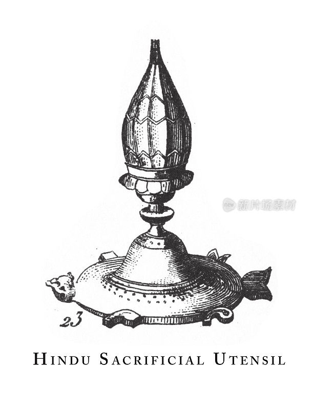 印度教祭祀用具、印度教与佛教宗教符号及宗教器物雕刻古玩插图，1851年出版