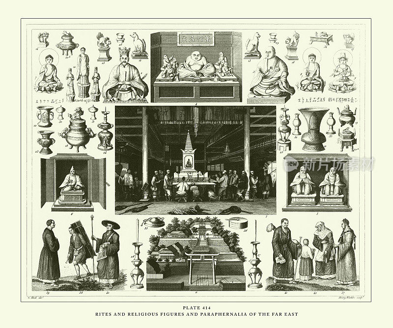 远东雕刻古董插图的雕刻古董、仪式和宗教人物及用具,出版于1851年