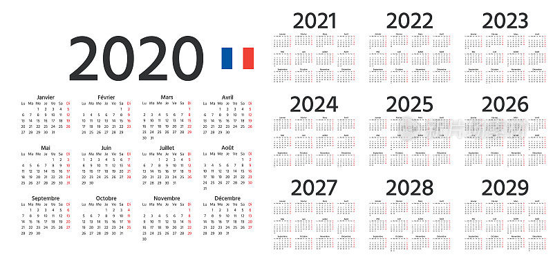 2020年，2021年，2022年法国日历。矢量插图。模板一年计划。